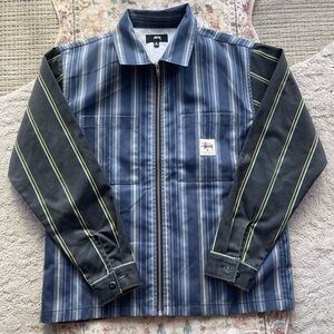 Stussy Mix Stripe Work Zip Up Blue and Black Jacket